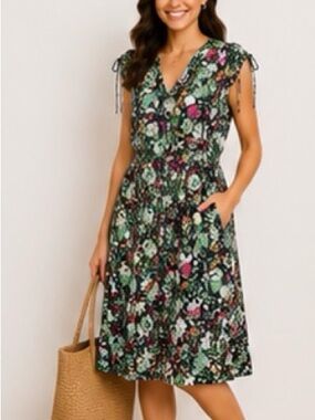 LOFT Black Floral V-Neck Tie-Shoulder Midi Dress